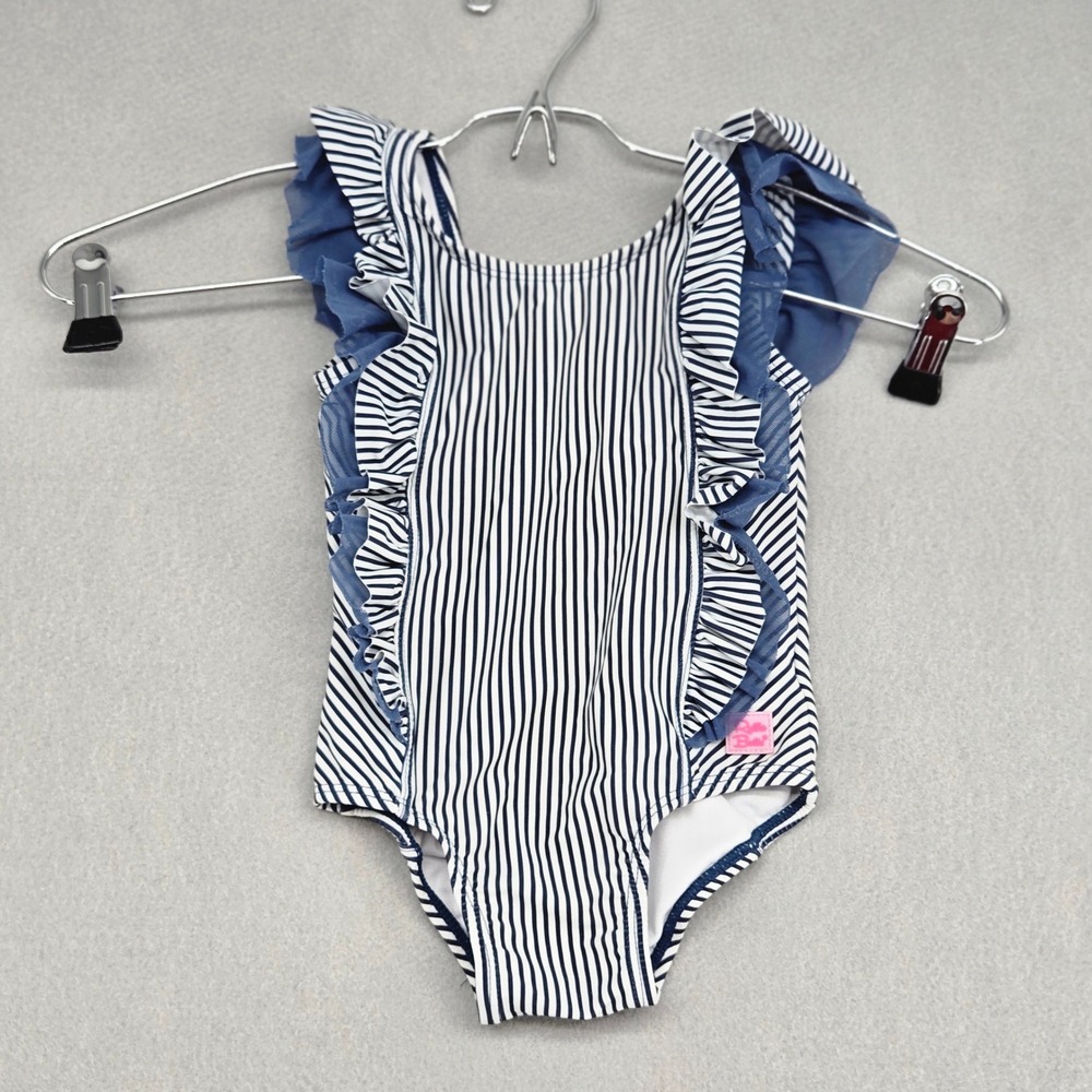 RuffleButts Navy Blue Seersucker‎ Striped One Piece Swimsuit Flounce Bow 2T VGUC